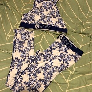 White and blue floral ethika sports bra & leggings